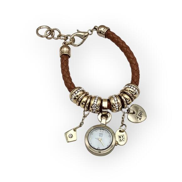 NY & Co Charm Bracelet Watch – Brown Braided Leather – Rhinestone Accents - Picture 8 of 9